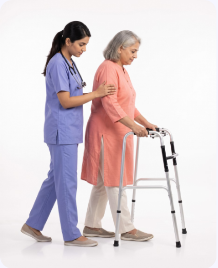 Caregiver assisting a resident using a walker